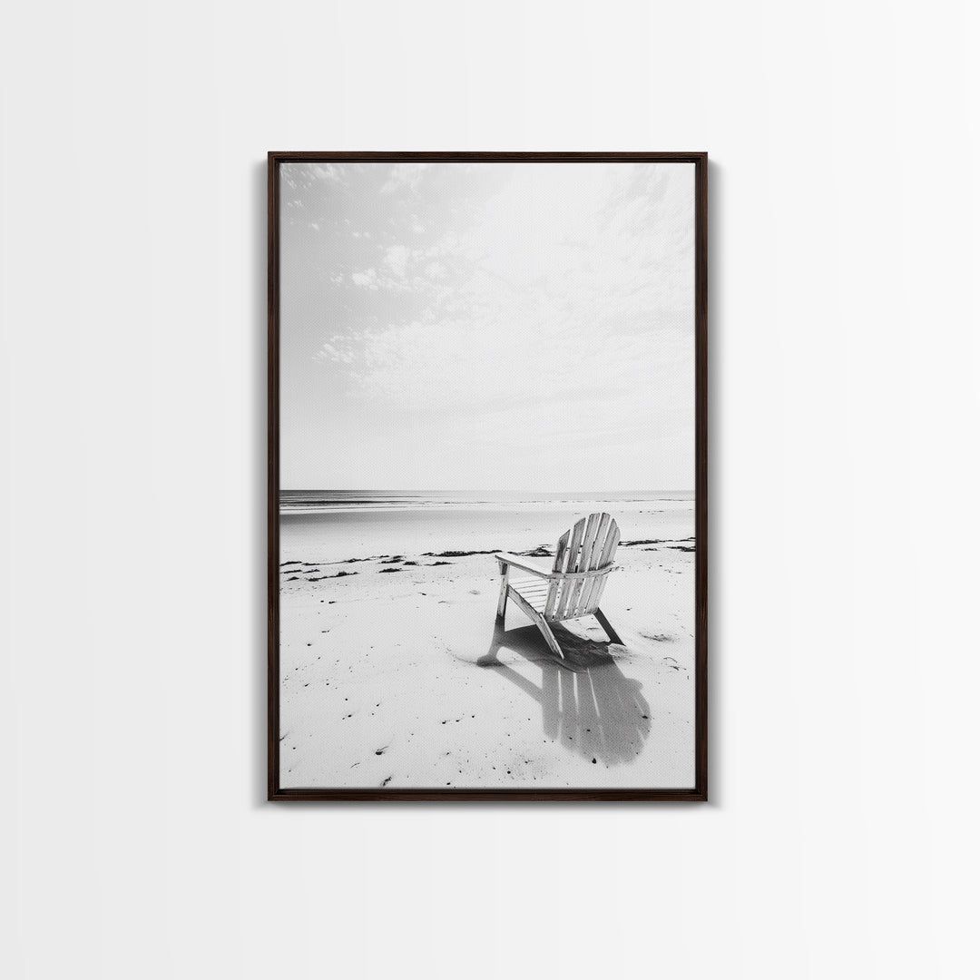 Beach Chair, Coastal Calm, Empty Shoreline, Canvas Print, Minimalist Wall Art, Beach House Decor, Serene Ocean Photography