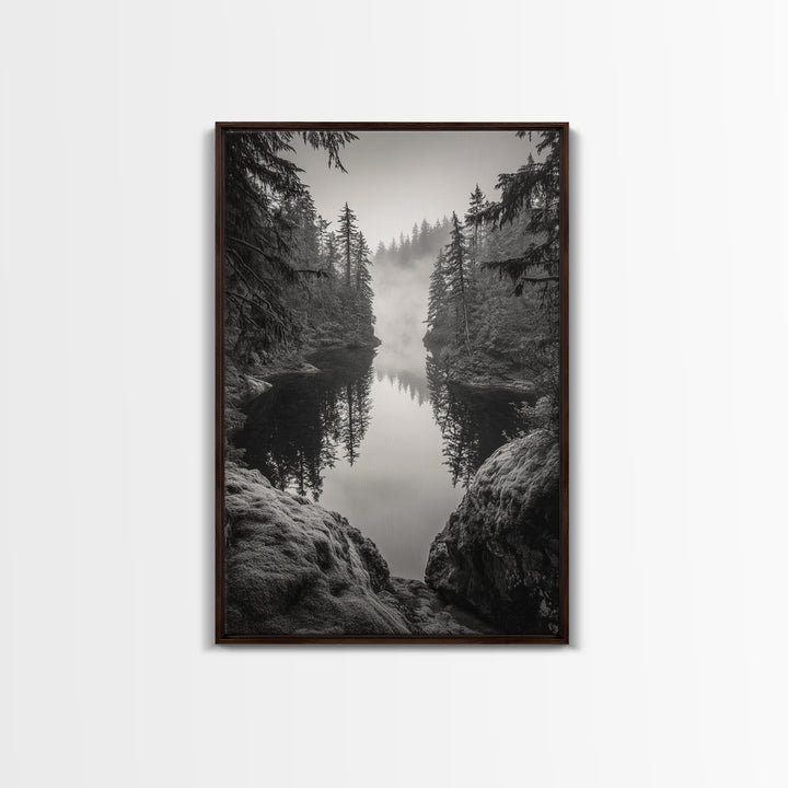 Misty Forest, River Reflection, Foggy Pines, Mountain Silence, Framed Canvas Print, Bedroom Wall Art, Tranquil Nature Photography, Zen Decor