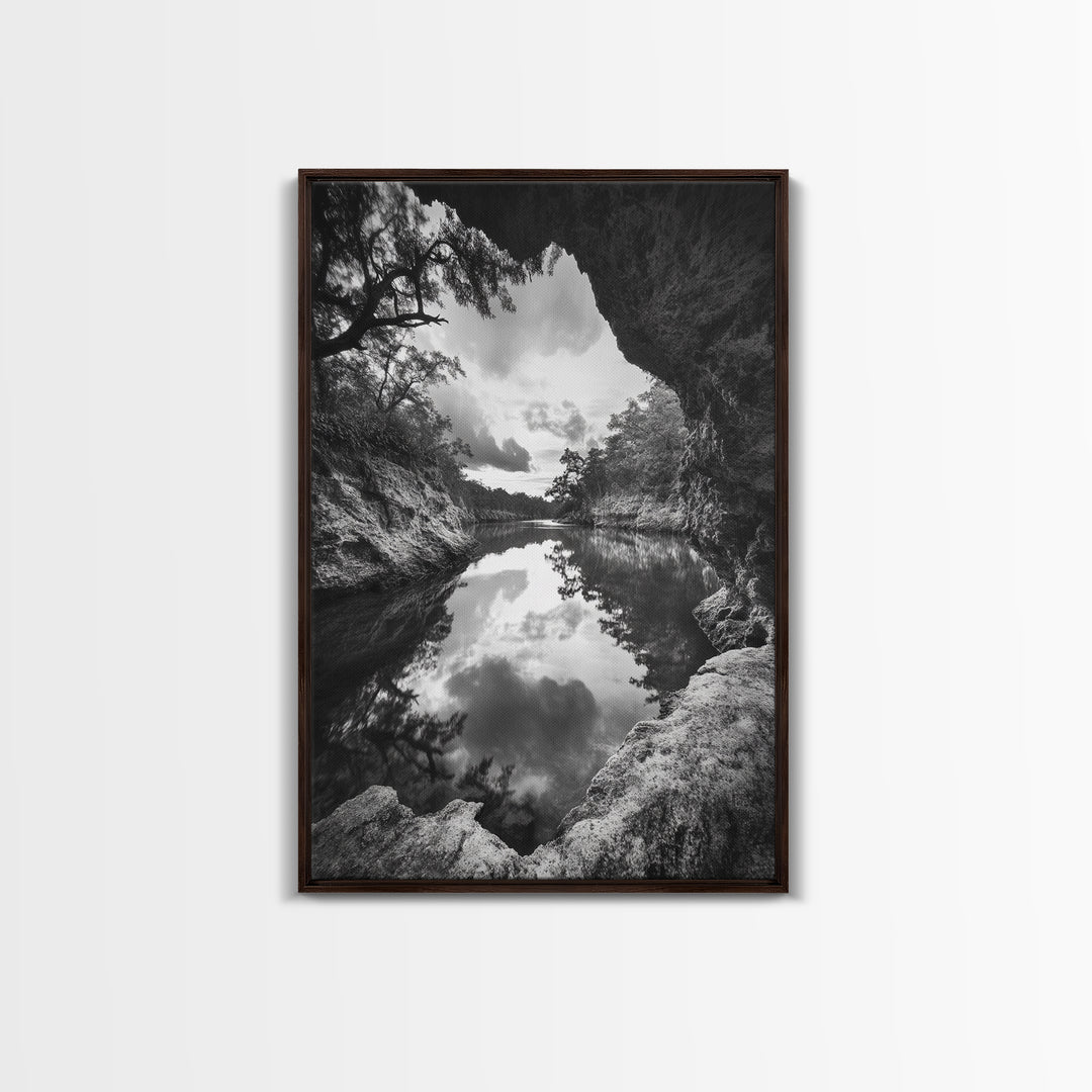 Serene River Reflection, Cave View, Monochrome Nature, Framed Canvas Print, Living Room Wall Art, Tranquil Landscape, Minimalist Decor