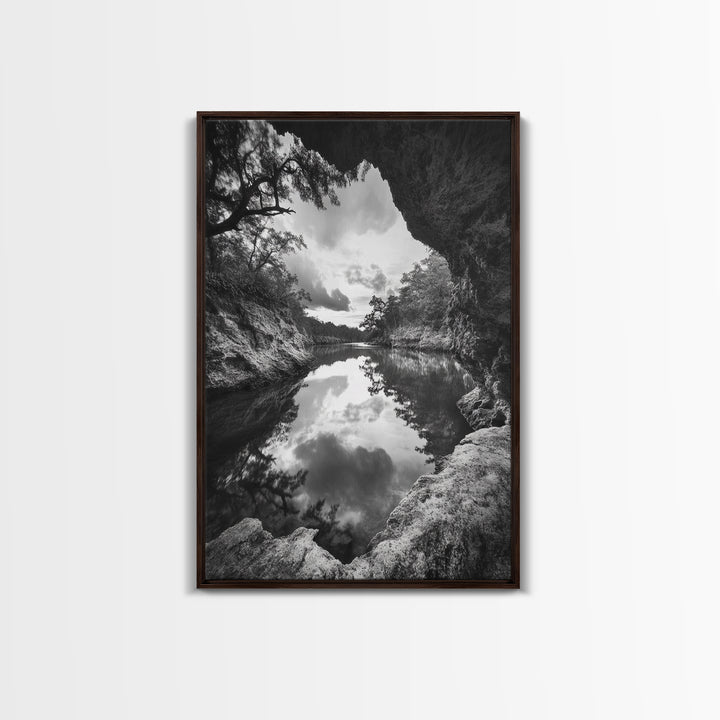 Serene River Reflection, Cave View, Monochrome Nature, Framed Canvas Print, Living Room Wall Art, Tranquil Landscape, Minimalist Decor