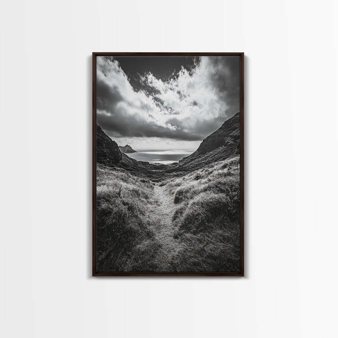 Highland Ocean Trail, Dramatic Clouds, Monochrome Nature, Canvas Print, Office Wall Art, Adventure Landscape, Rustic Home Decor