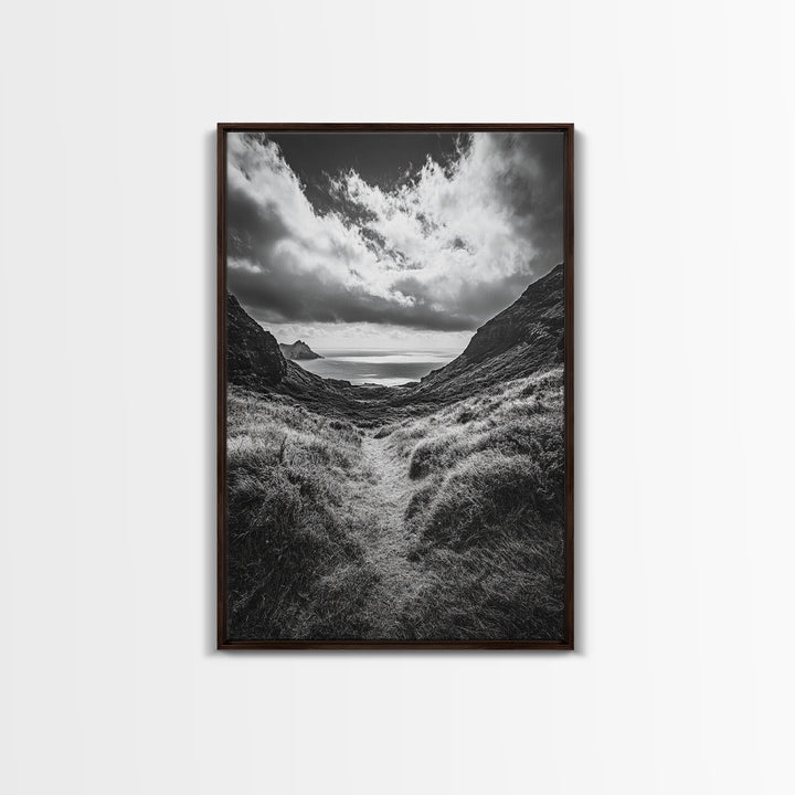 Highland Ocean Trail, Dramatic Clouds, Monochrome Nature, Canvas Print, Office Wall Art, Adventure Landscape, Rustic Home Decor