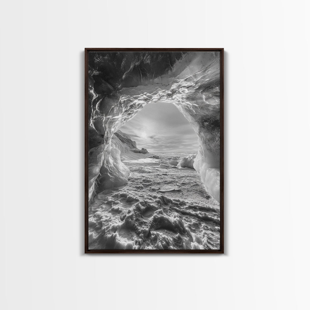 Ice Cave Opening, Winter Wonderland, Arctic Light, Framed Canvas Print, Bedroom Wall Art, Nordic Landscape, Minimalist Winter Art