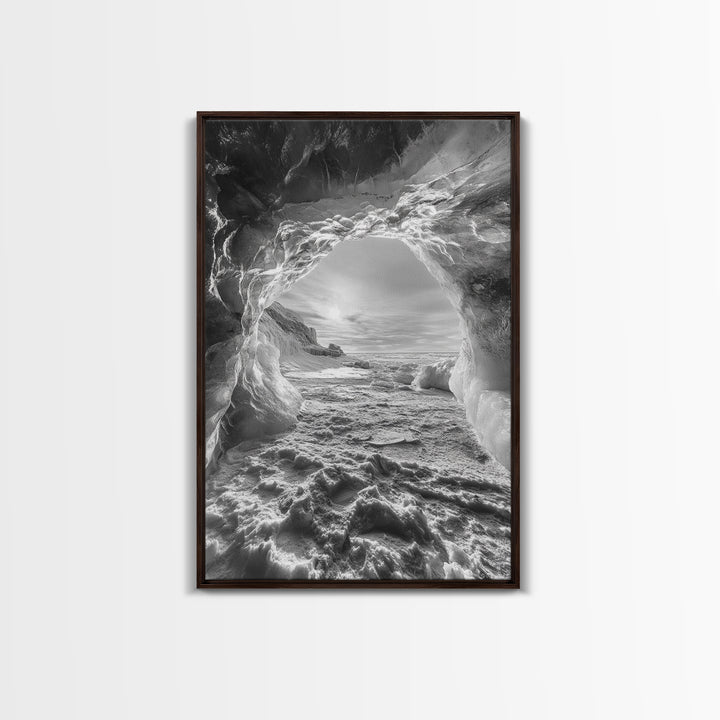 Ice Cave Opening, Winter Wonderland, Arctic Light, Framed Canvas Print, Bedroom Wall Art, Nordic Landscape, Minimalist Winter Art