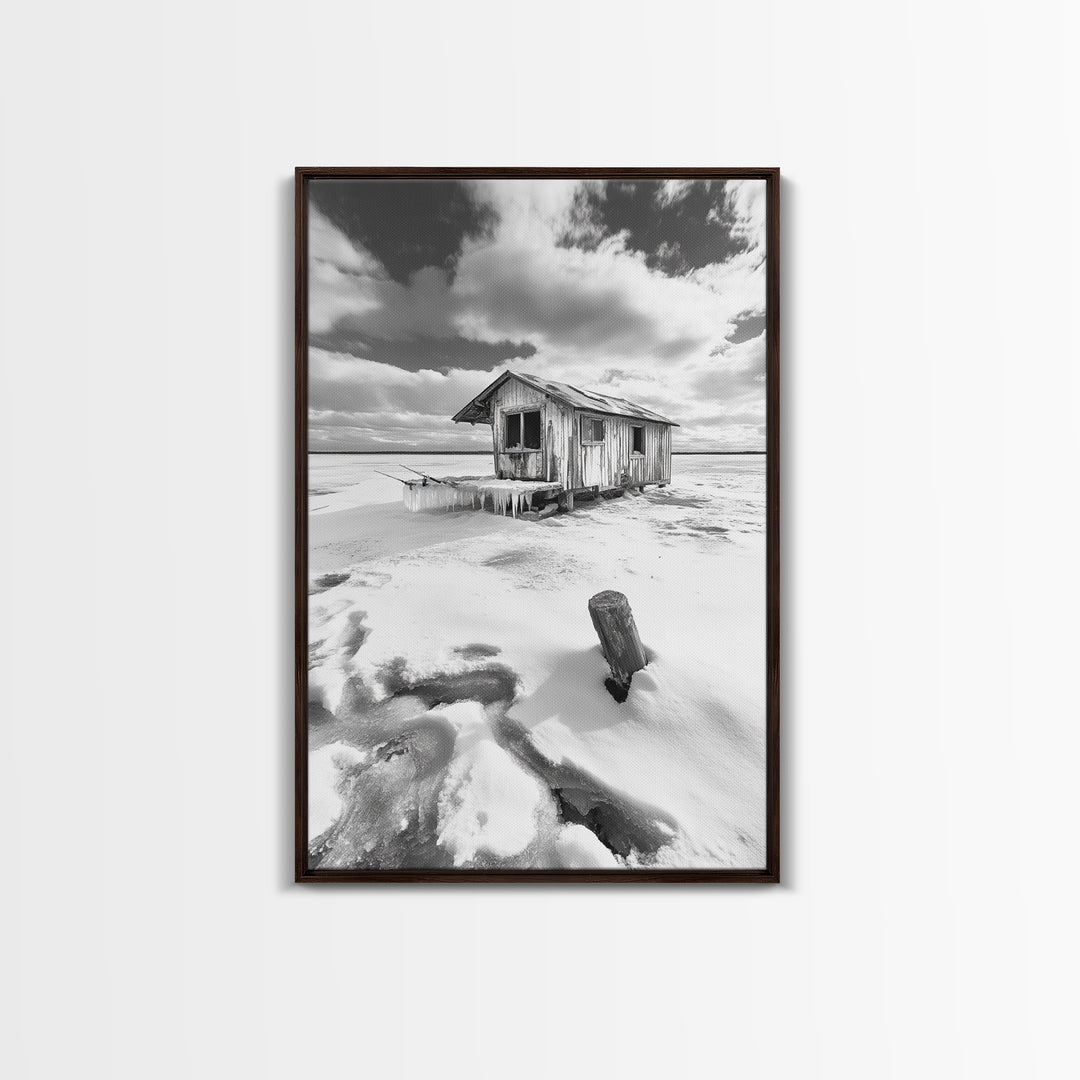 Frozen Cabin Scene, Snowy Landscape, Winter Monochrome, Canvas Print, Cabin Wall Art, Rustic Winter Decor, Nature Photography