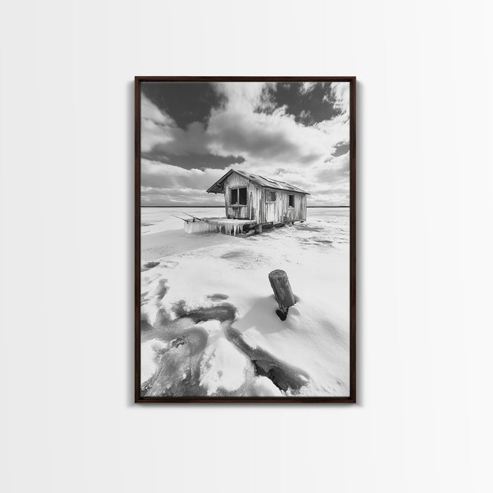 Frozen Cabin Scene, Snowy Landscape, Winter Monochrome, Canvas Print, Cabin Wall Art, Rustic Winter Decor, Nature Photography
