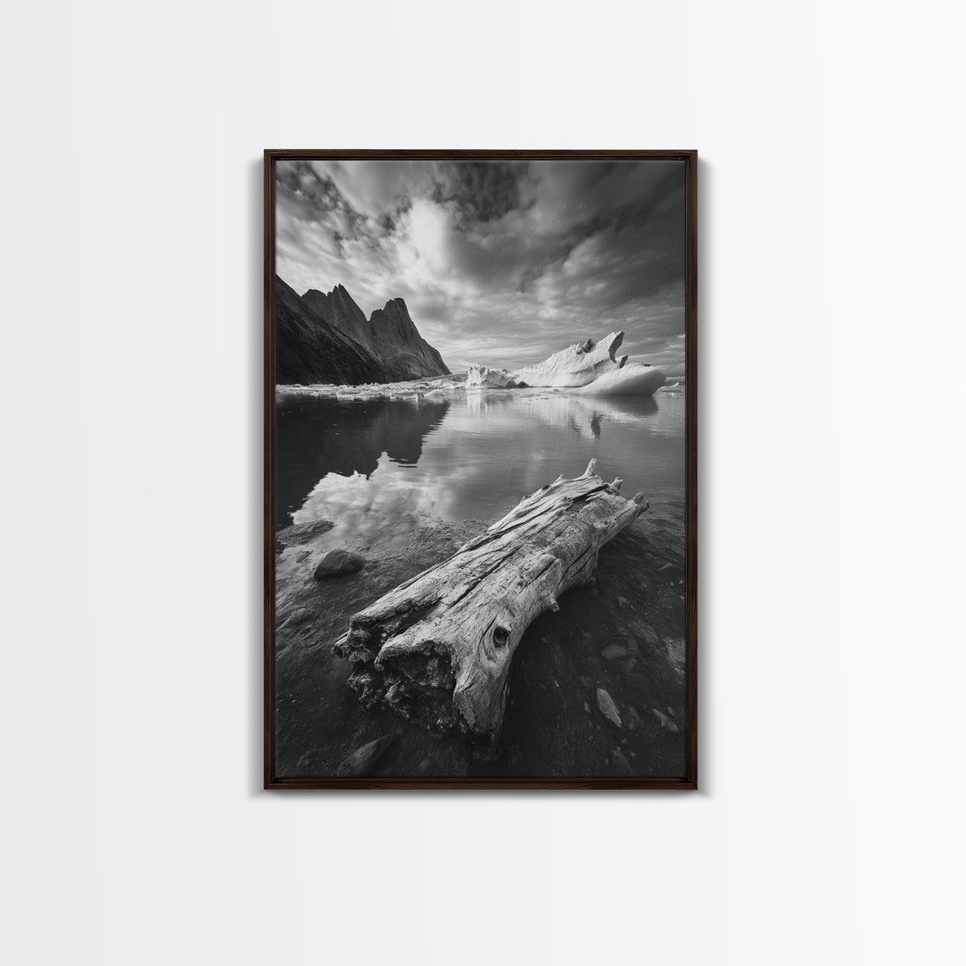 Arctic Driftwood View, Iceberg Horizon, Moody Mountains, Framed Canvas Print, Office Wall Art, Monochrome Nature, Nordic Aesthetic