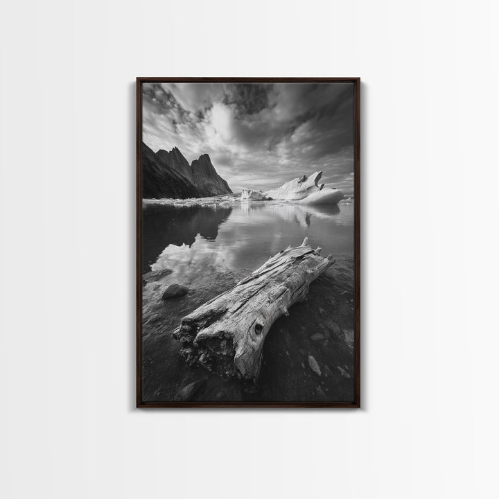 Arctic Driftwood View, Iceberg Horizon, Moody Mountains, Framed Canvas Print, Office Wall Art, Monochrome Nature, Nordic Aesthetic