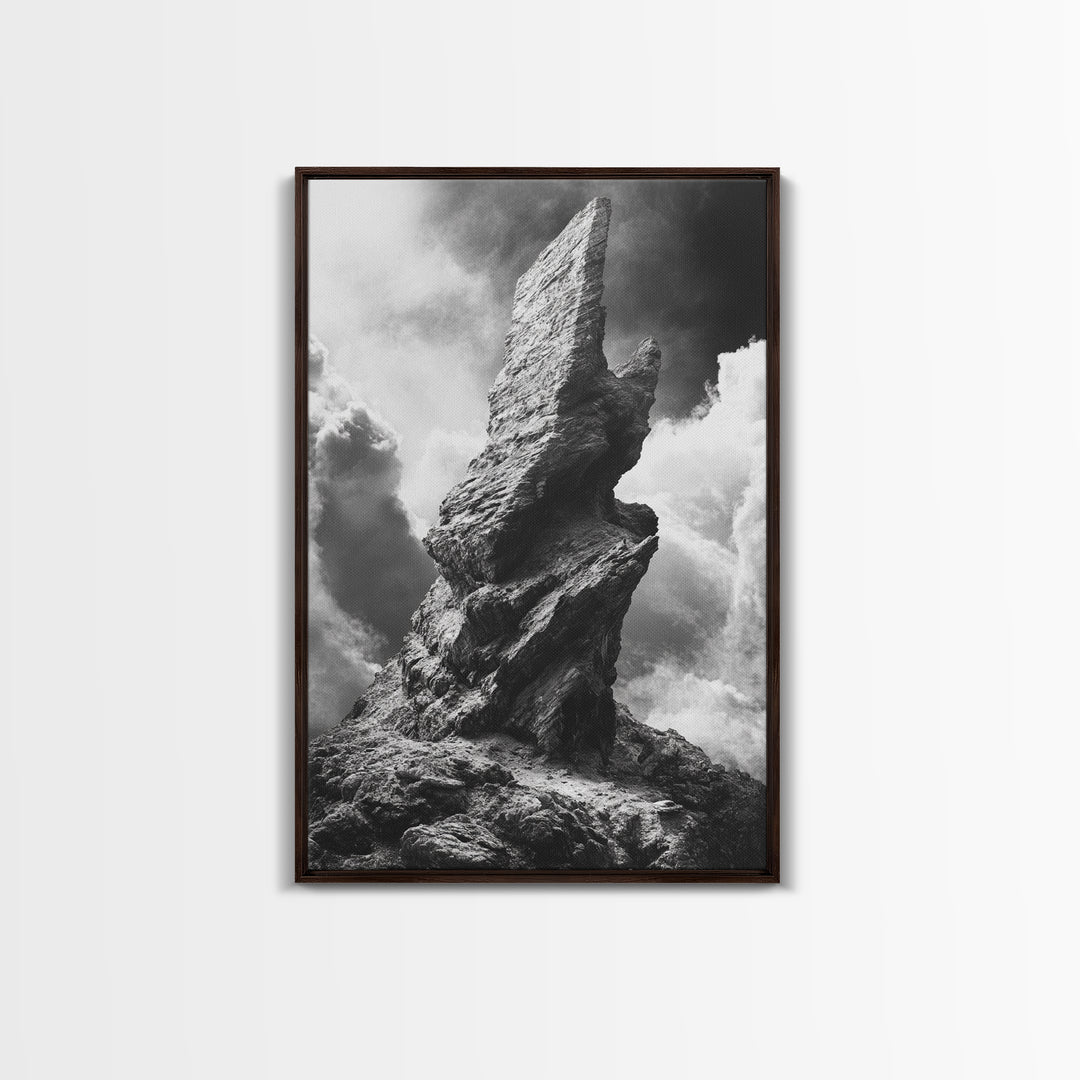 Abstract Rock Tower, Nature Photography, Stormy Sky, Canvas Print, Rustic Decor, Earthy Wall Art, Living Room Art, Moody Landscape Print