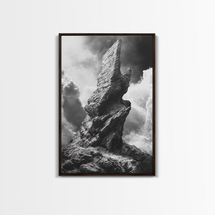 Abstract Rock Tower, Nature Photography, Stormy Sky, Canvas Print, Rustic Decor, Earthy Wall Art, Living Room Art, Moody Landscape Print