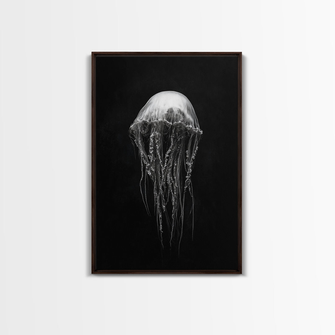 Elegant Jellyfish Art, Ocean Wildlife, Monochrome Marine, Framed Canvas Print, Bathroom Decor, Nautical Wall Art, Minimalist Sea Life