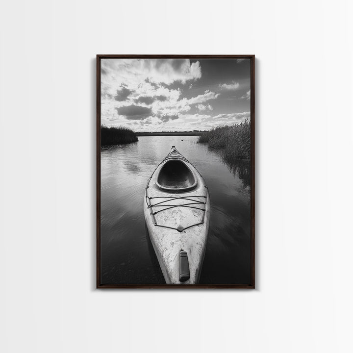 Kayak Lake View, Serene Water Landscape, Outdoor Adventure Art, Canvas Print, Cabin Wall Decor, Nature Lover Gift, Minimalist Water Art