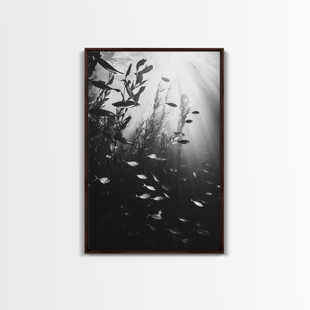 Kelp Forest Depth, Underwater Fish Scene, Ocean Life, Canvas Print, Marine Wall Art, Coastal Decor, Moody Nature Photography, Bathroom Art