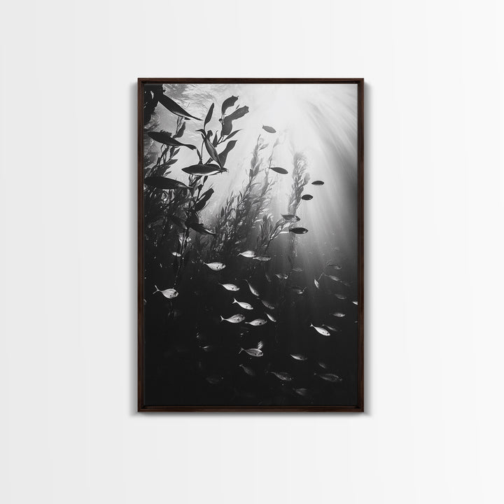 Kelp Forest Depth, Underwater Fish Scene, Ocean Life, Canvas Print, Marine Wall Art, Coastal Decor, Moody Nature Photography, Bathroom Art