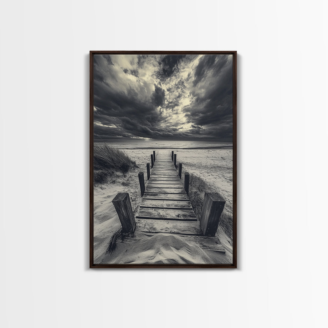 Stormy Beach Dock, Dramatic Skies, Coastal Mood, Framed Canvas Print, Fall Wall Art, Entryway Decor, Moody Seascape, Rustic Coastal Home