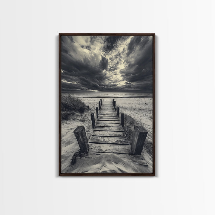 Stormy Beach Dock, Dramatic Skies, Coastal Mood, Framed Canvas Print, Fall Wall Art, Entryway Decor, Moody Seascape, Rustic Coastal Home