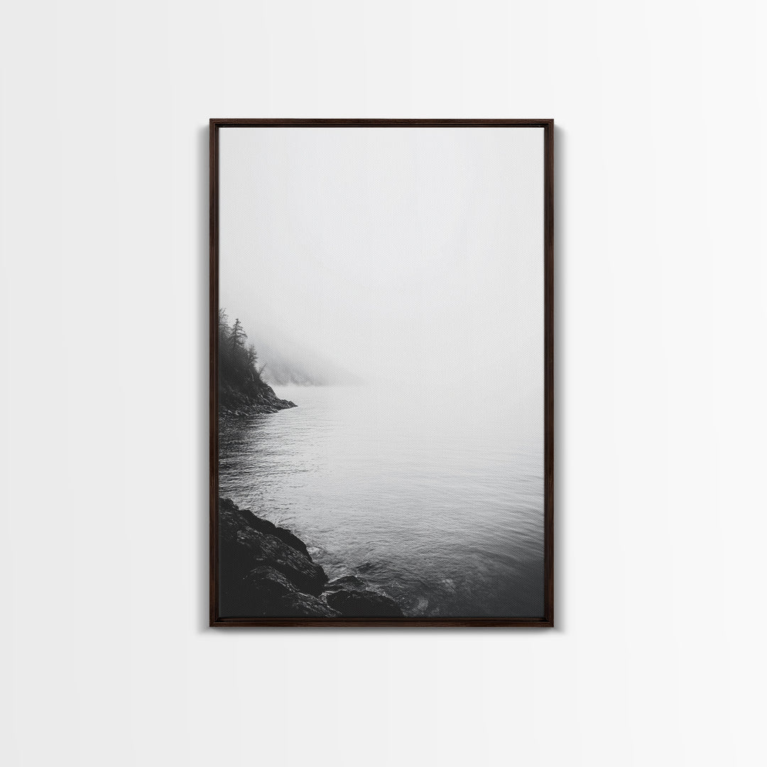 Misty Lakeshore, Foggy Forest Water, Monochrome Tranquility, Framed Canvas Print, Minimalist Art, Calm Landscape, Bedroom Wall Decor