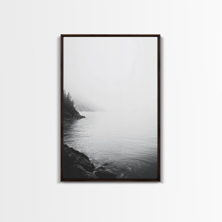 Misty Lakeshore, Foggy Forest Water, Monochrome Tranquility, Framed Canvas Print, Minimalist Art, Calm Landscape, Bedroom Wall Decor