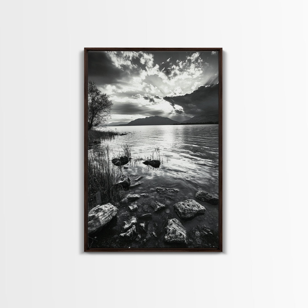 Lake Sunset View, Peaceful Mountainscape, Nature Reflection, Framed Canvas Print, Living Room Wall Art, Tranquil Scenic Landscape