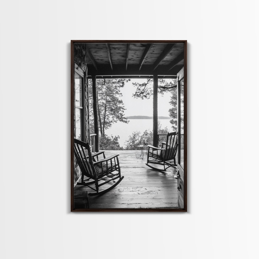 Rustic Porch View, Cabin Serenity, Lakefront Rocking Chairs, Framed Canvas Print, Farmhouse Wall Art, Living Room Decor, Fall Home Style
