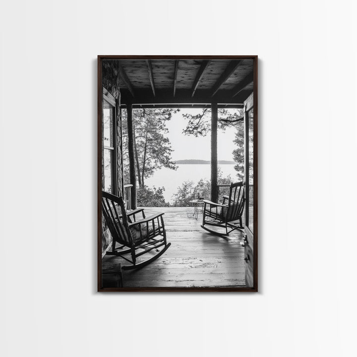 Rustic Porch View, Cabin Serenity, Lakefront Rocking Chairs, Framed Canvas Print, Farmhouse Wall Art, Living Room Decor, Fall Home Style