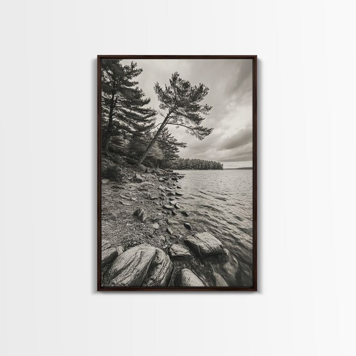 Pine Shoreline Landscape, Calm Water Trees, Autumn Mood, Canvas Print, Rustic Cabin Wall Art, Bedroom Nature Decor, Earthy Photography