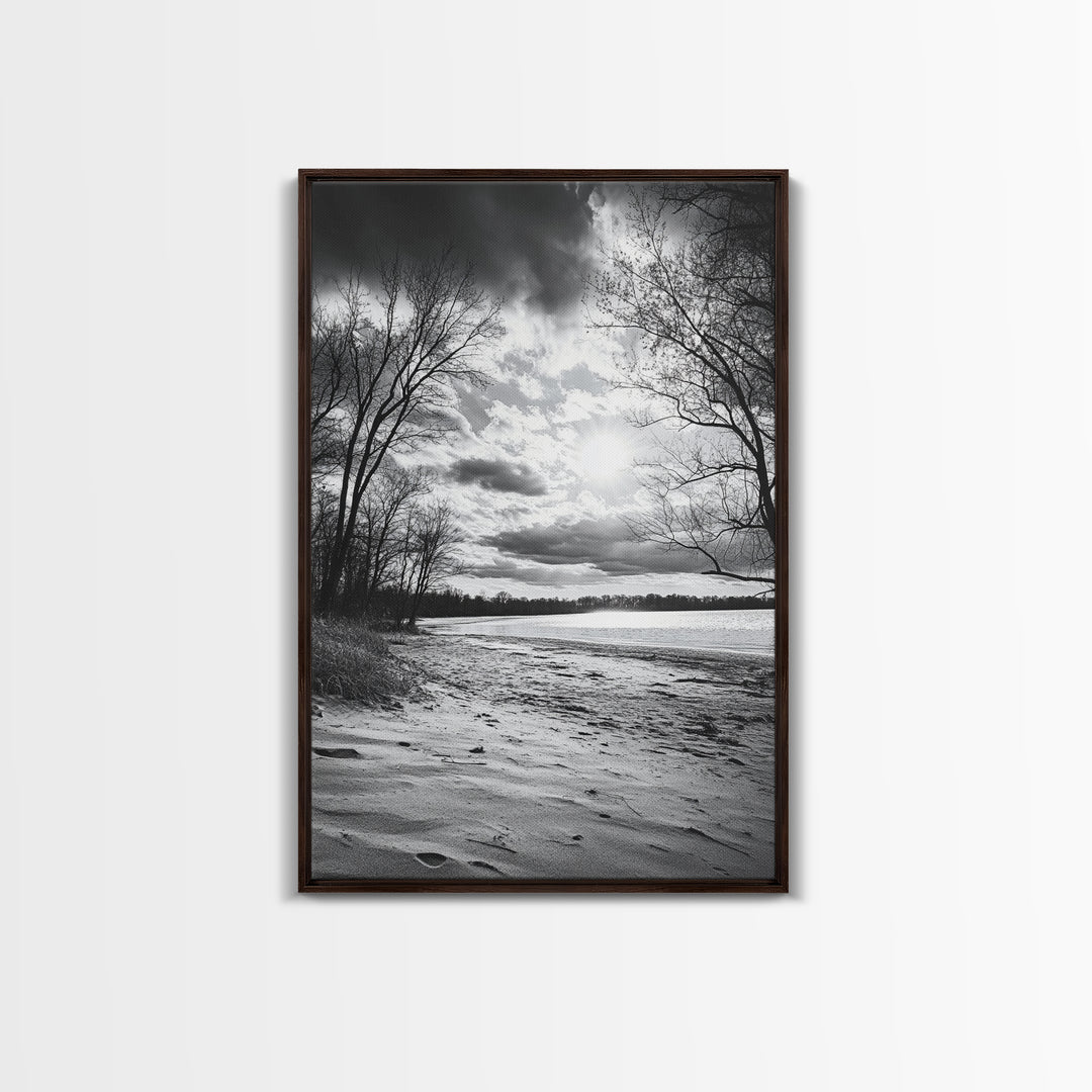 Dramatic Beach Sunset, Bare Trees Silhouette, Nature Photography, Framed Canvas Print, Fall Wall Art, Entryway Decor, Rustic Minimalist