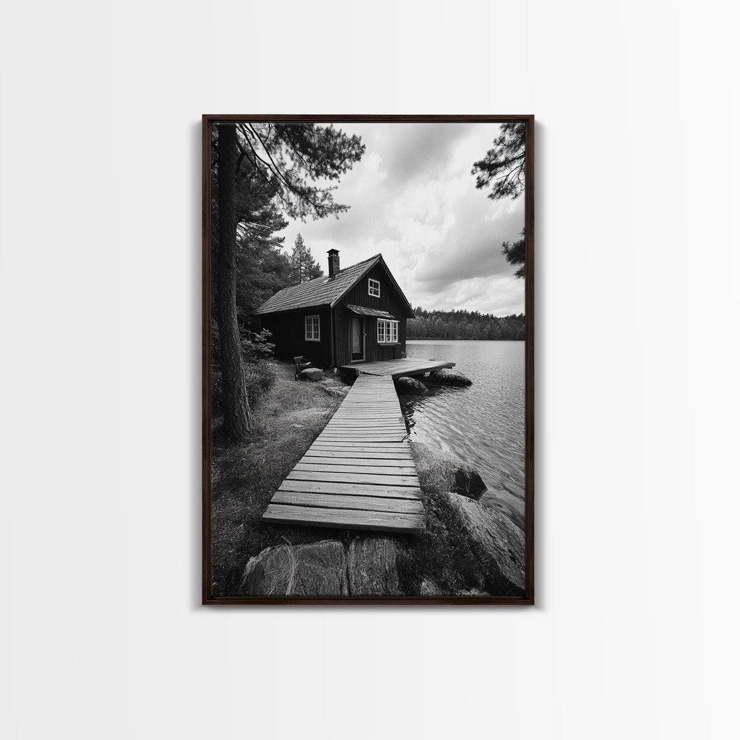 Lake Cabin Path, Nordic Forest Retreat, Nature Escape, Canvas Print, Cozy Wall Art, Scandinavian Decor, Fall Rustic Living Room Art