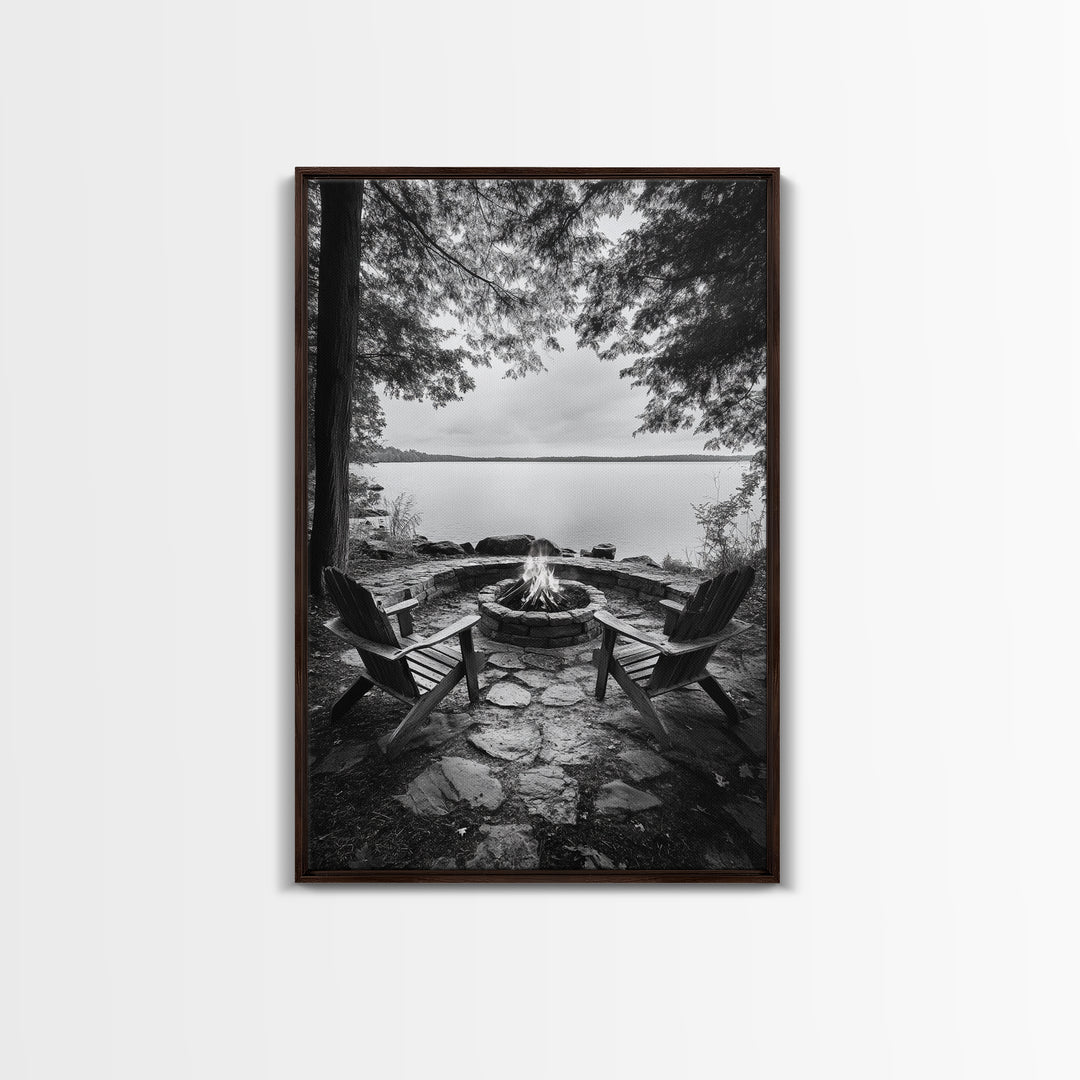Campfire Lake Night, Adirondack Chairs, Wilderness Glow, Framed Canvas Print, Outdoor Living Wall Art, Cabin Decor, Autumn Retreat Art