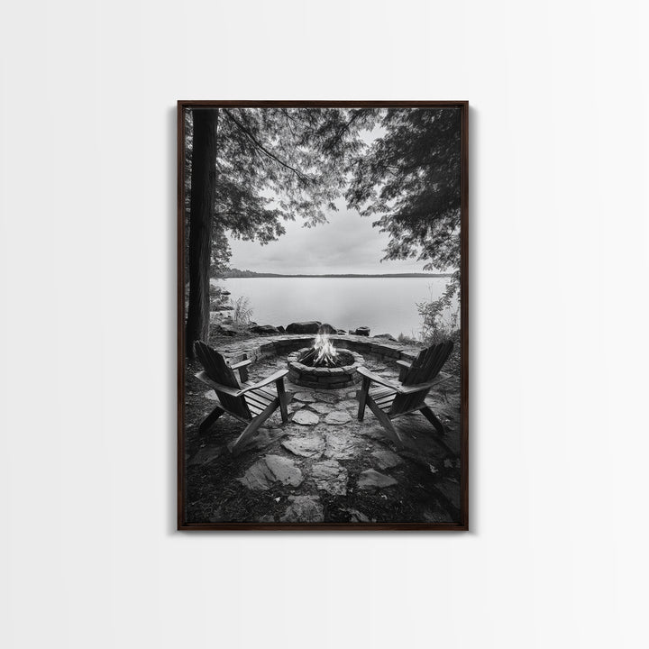 Campfire Lake Night, Adirondack Chairs, Wilderness Glow, Framed Canvas Print, Outdoor Living Wall Art, Cabin Decor, Autumn Retreat Art