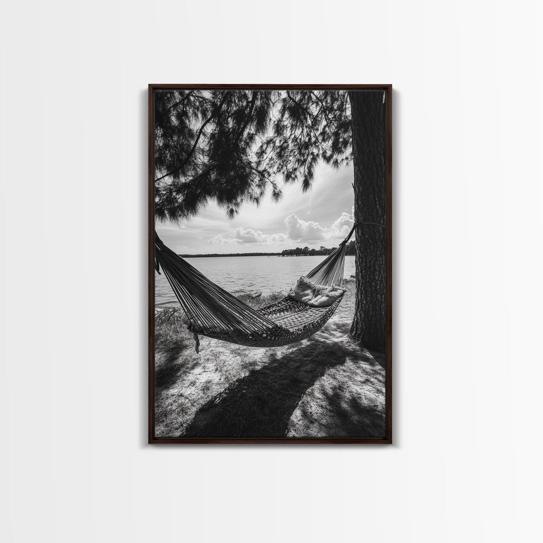 Hammock Lake View, Peaceful Retreat, Summer Breeze, Canvas Print, Boho Outdoor Art, Bedroom Relaxation Decor, Minimalist Coastal Vibe