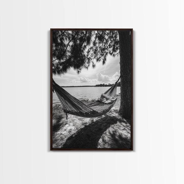 Hammock Lake View, Peaceful Retreat, Summer Breeze, Canvas Print, Boho Outdoor Art, Bedroom Relaxation Decor, Minimalist Coastal Vibe