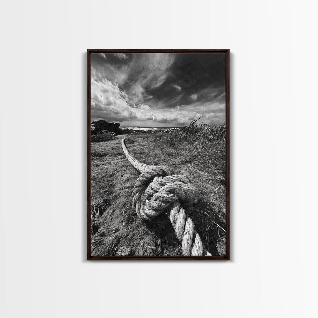 Nautical Rope Knot, Coastal Texture, Ocean Breeze, Framed Canvas Print, Beach House Wall Art, Rustic Nautical Decor, Minimalist Style