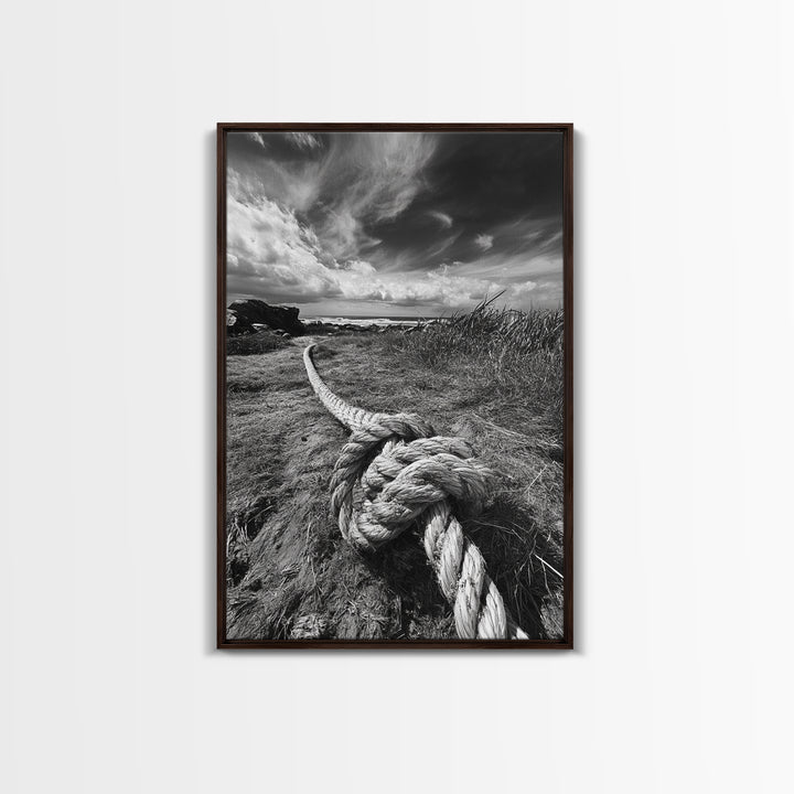 Nautical Rope Knot, Coastal Texture, Ocean Breeze, Framed Canvas Print, Beach House Wall Art, Rustic Nautical Decor, Minimalist Style