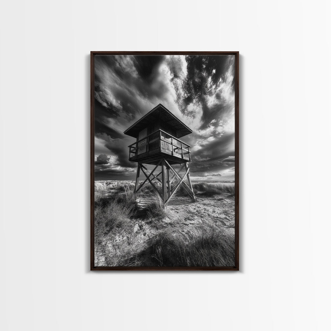 Lifeguard Tower Drama, Windy Beach Sky, Ocean Landscape, Canvas Print, Coastal Wall Art, Moody Surreal Decor, Living Room Statement Art
