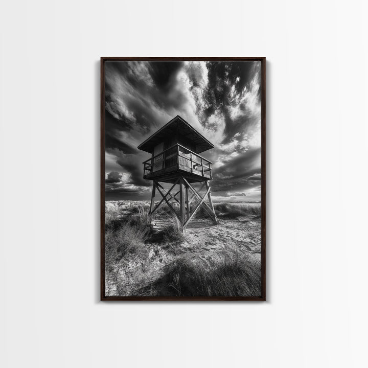 Lifeguard Tower Drama, Windy Beach Sky, Ocean Landscape, Canvas Print, Coastal Wall Art, Moody Surreal Decor, Living Room Statement Art