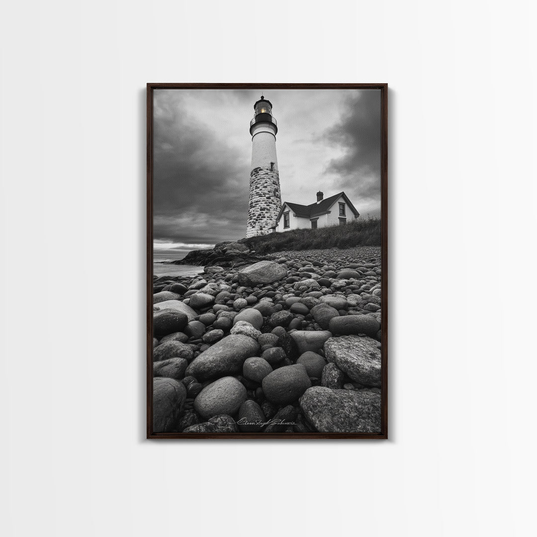 Lighthouse Shore Rocks, Coastal Beacon, Moody Clouds, Framed Canvas Print, Nautical Wall Art, Rustic Beach House Decor, Fall Storm Style
