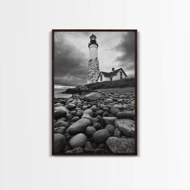Lighthouse Shore Rocks, Coastal Beacon, Moody Clouds, Framed Canvas Print, Nautical Wall Art, Rustic Beach House Decor, Fall Storm Style
