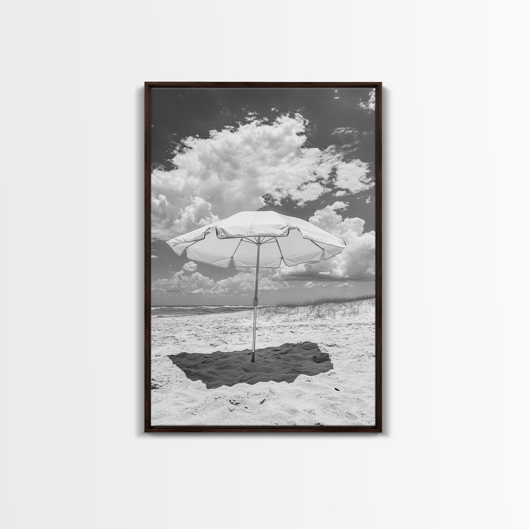 Beach Umbrella, Sunny Escape, Coastal Cloudscape, Framed Canvas Print, Summer Vibe Wall Art, Outdoor Living Decor, Travel Mood