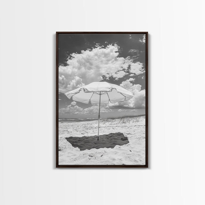 Beach Umbrella, Sunny Escape, Coastal Cloudscape, Framed Canvas Print, Summer Vibe Wall Art, Outdoor Living Decor, Travel Mood