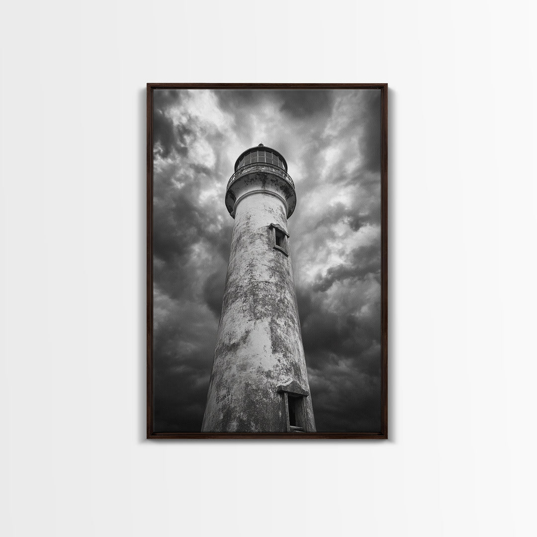 Stormy Lighthouse Closeup, Dramatic Skies, Weathered Beacon, Canvas Print, Coastal Decor, Dark Nautical Wall Art, Moody Ocean Theme