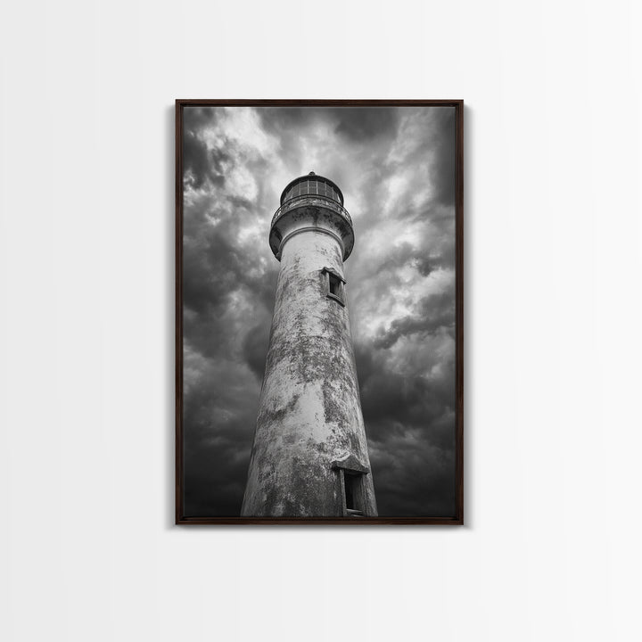 Stormy Lighthouse Closeup, Dramatic Skies, Weathered Beacon, Canvas Print, Coastal Decor, Dark Nautical Wall Art, Moody Ocean Theme