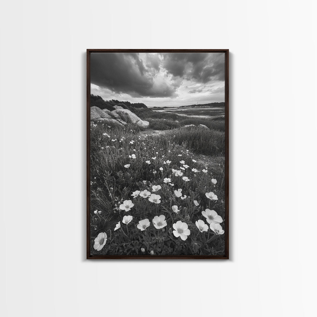 Meadow Bloom, Coastal Flowers, Stormy Sky, Framed Canvas Print, Spring Wall Art, Nature Photography, Kitchen Botanical Decor