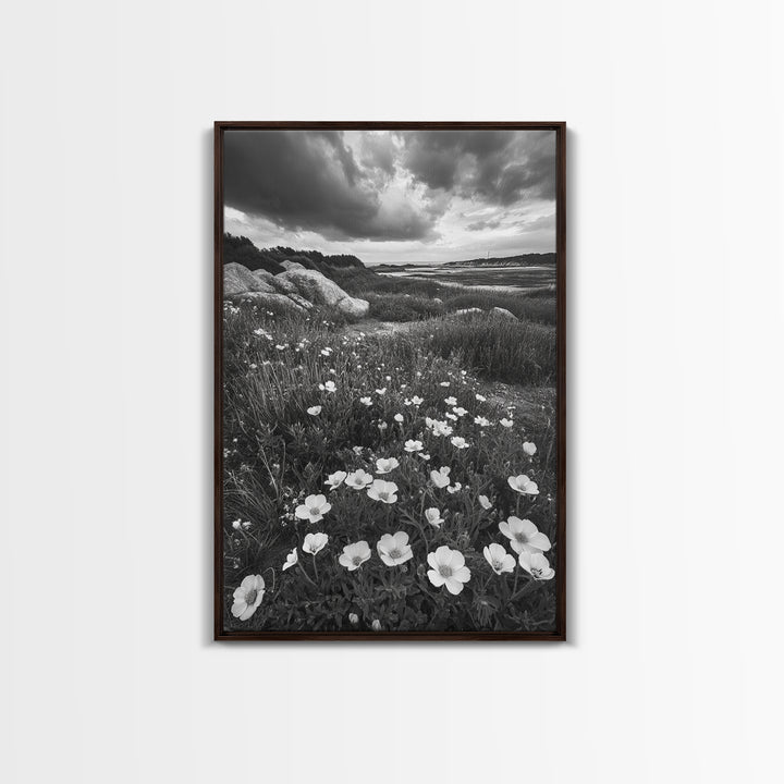Meadow Bloom, Coastal Flowers, Stormy Sky, Framed Canvas Print, Spring Wall Art, Nature Photography, Kitchen Botanical Decor