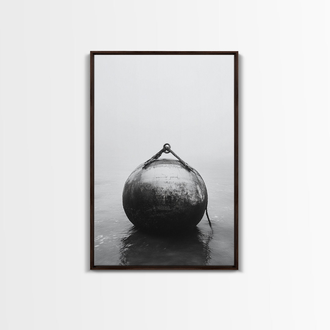 Buoy Stillness, Ocean Fog, Minimal Water, Framed Canvas Print, Nautical Wall Art, Bathroom Decor, Calm Coastal Black and White Art