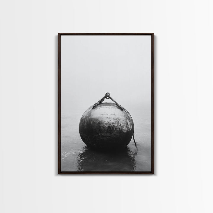 Buoy Stillness, Ocean Fog, Minimal Water, Framed Canvas Print, Nautical Wall Art, Bathroom Decor, Calm Coastal Black and White Art