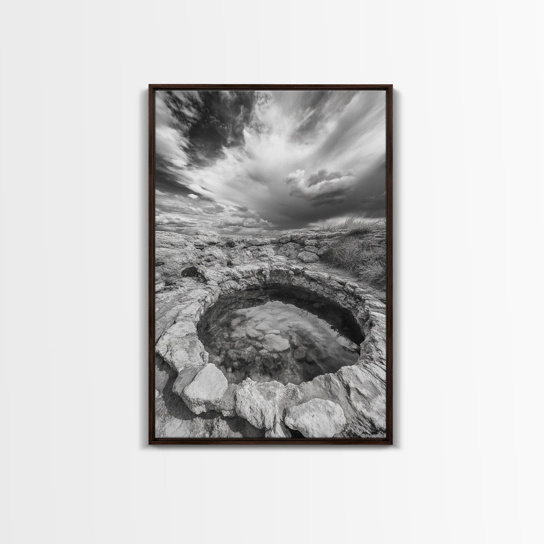 Natural Stone Pool, Sky Reflections, Framed Canvas Print, Bathroom Wall Art, Earthy Neutral Decor, Minimalist Landscape