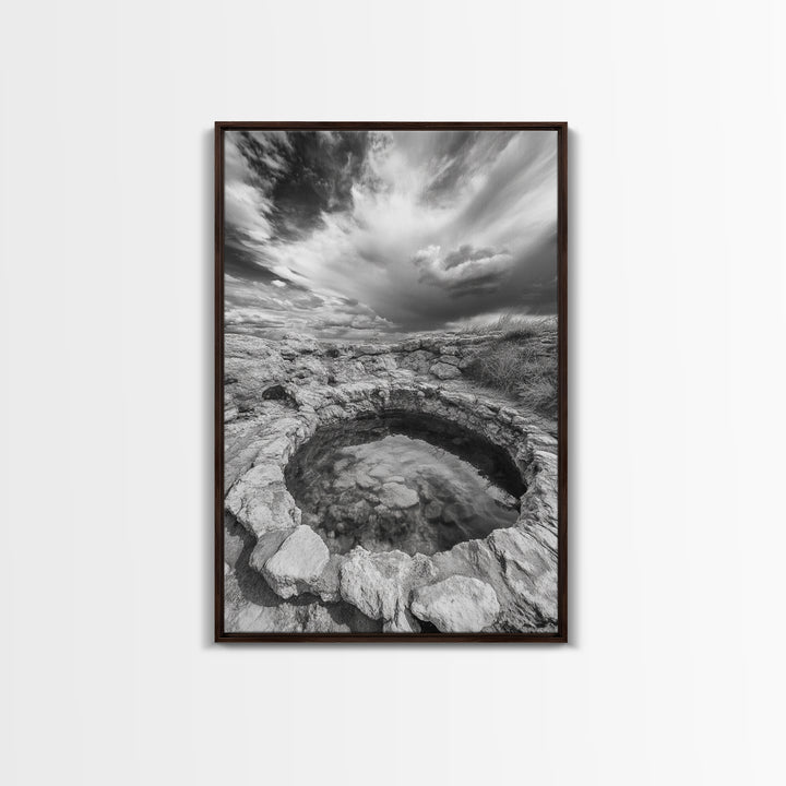 Natural Stone Pool, Sky Reflections, Framed Canvas Print, Bathroom Wall Art, Earthy Neutral Decor, Minimalist Landscape
