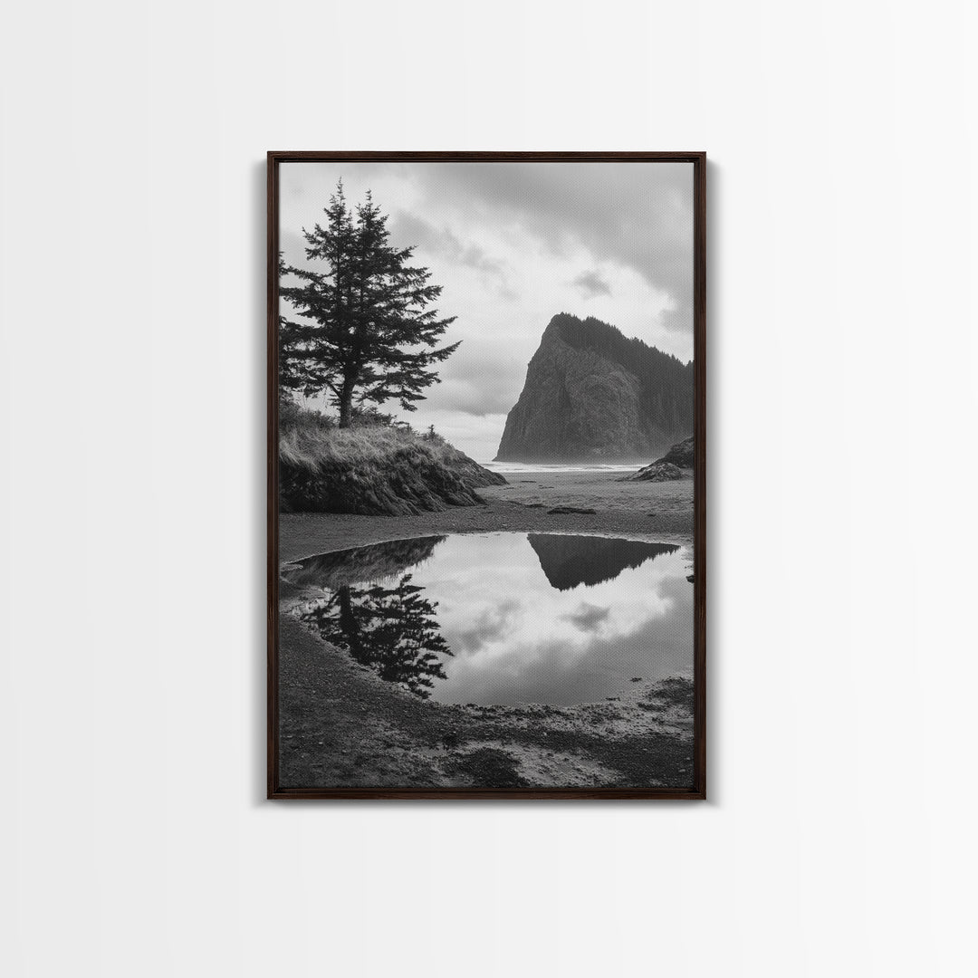 Coastal Rock Reflections, Nature Photography, Ocean Landscape, Framed Canvas Print, Moody Living Room Art, Minimal Decor