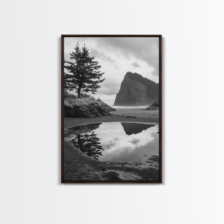 Coastal Rock Reflections, Nature Photography, Ocean Landscape, Framed Canvas Print, Moody Living Room Art, Minimal Decor